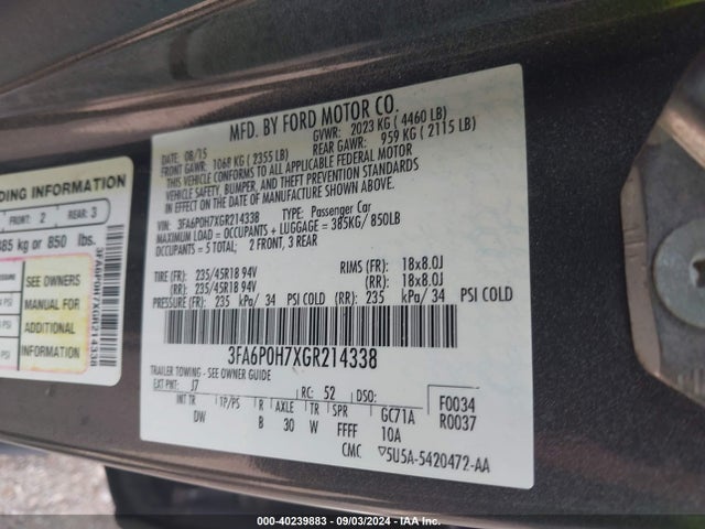 Ford FUSION SE 2016 3FA6P0H7XGR214338 Image 9
