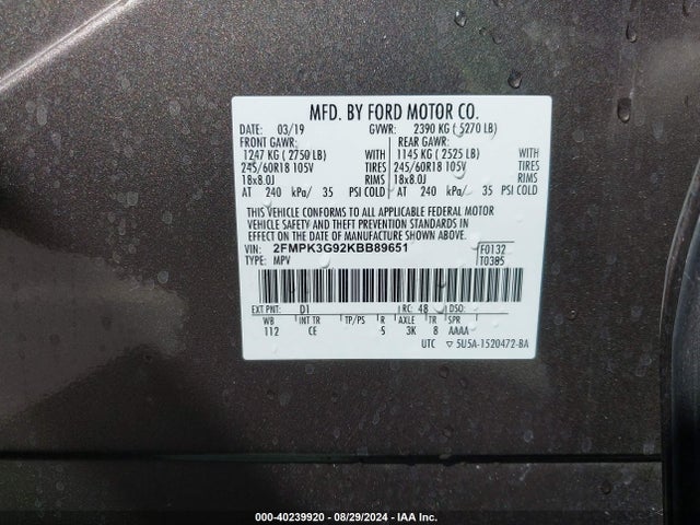 Ford EDGE SE 2019 2FMPK3G92KBB89651 Image 9