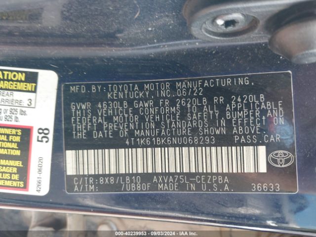 4T1K61BK6NU068293 Toyota Camry Xse Awd