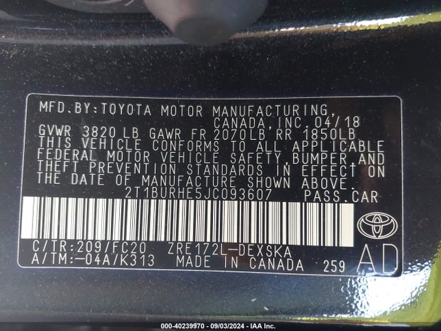 Toyota COROLLA SE 2018 2T1BURHE5JC093607 Image 9