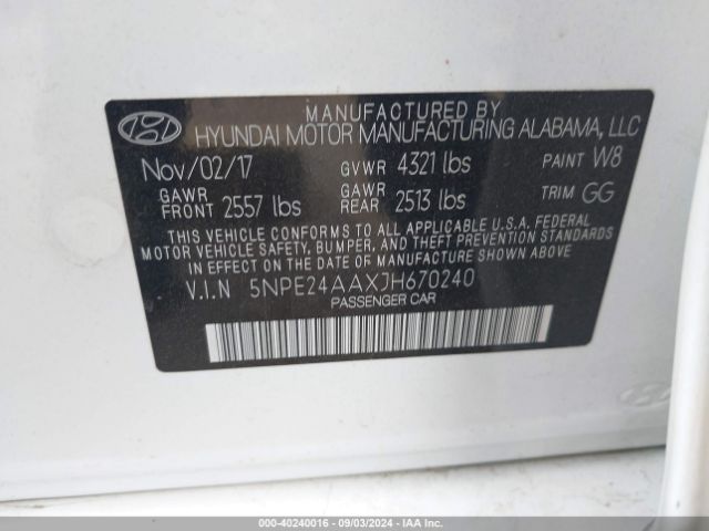 5NPE24AAXJH670240 Hyundai SONATA ECO