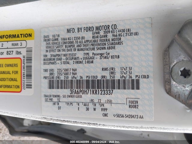 Ford FUSION SE 2019 3FA6P0H71KR123337 Image 9