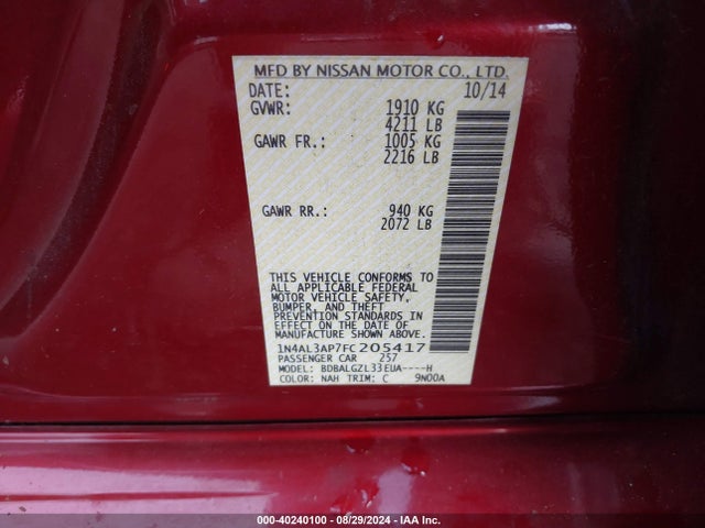 Nissan Altima 2.5 S 2015 1N4AL3AP7FC205417 Image 9
