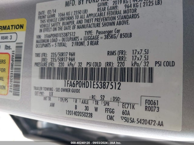 Ford FUSION SE 2014 1FA6P0HD1E5387512 Image 9