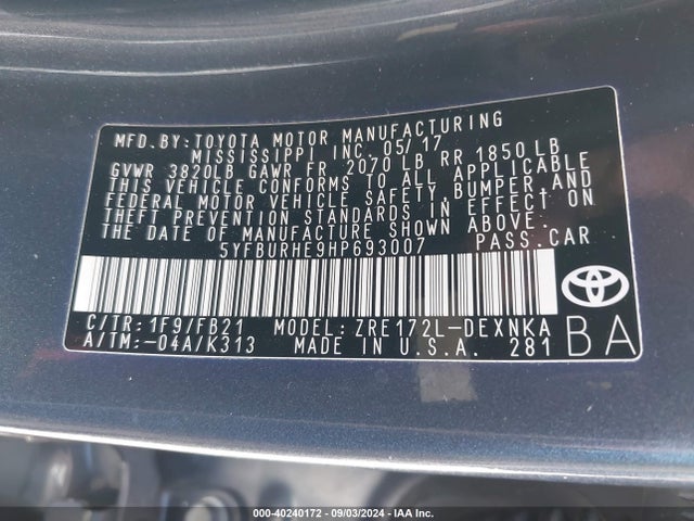 Toyota COROLLA LE 2017 5YFBURHE9HP693007 Image 9