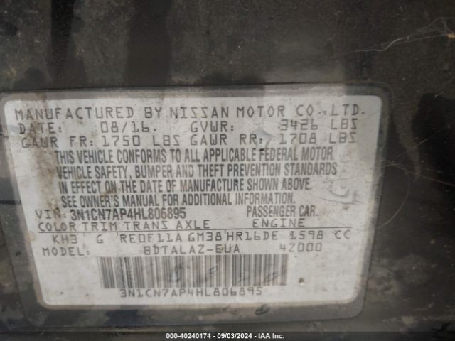 3N1CN7AP4HL806895 Nissan Versa 1.6 S+