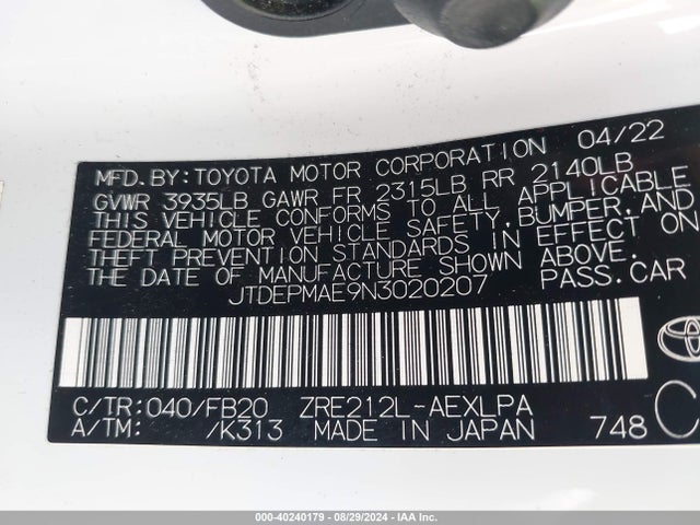 Toyota COROLLA LE 2022 JTDEPMAE9N3020207 Image 9