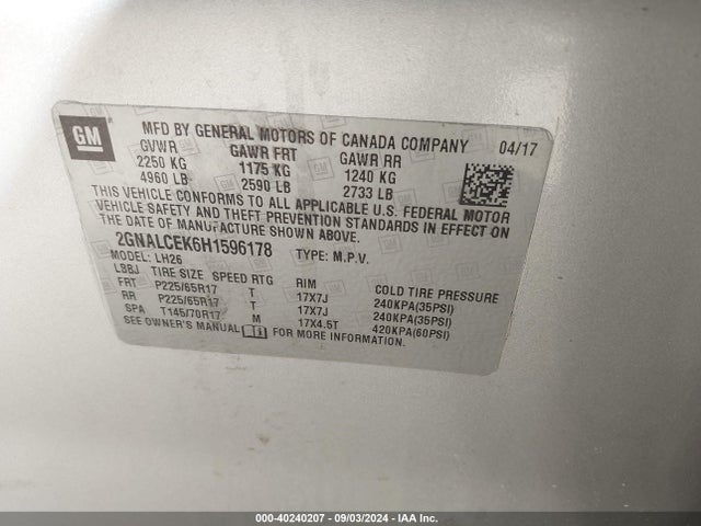 Chevrolet EQUINOX LT 2017 2GNALCEK6H1596178 Image 9