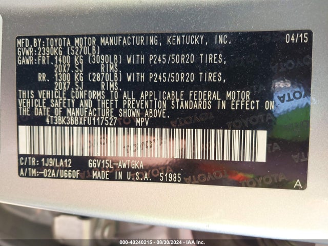 Toyota Venza Xle V6 2015 4T3BK3BBXFU117527 Image 9