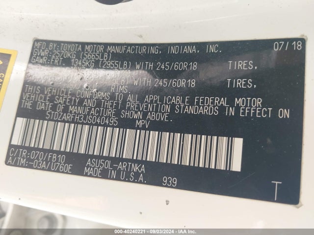 Toyota Highlander Le 2018 5TDZARFH3JS040495 Image 9