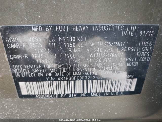 Subaru Outback 2.5i Premium 2015 4S4BSBFC0F3292557 Image 9