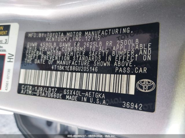 4T1BK1EB8GU205146 Toyota AVALON XLE