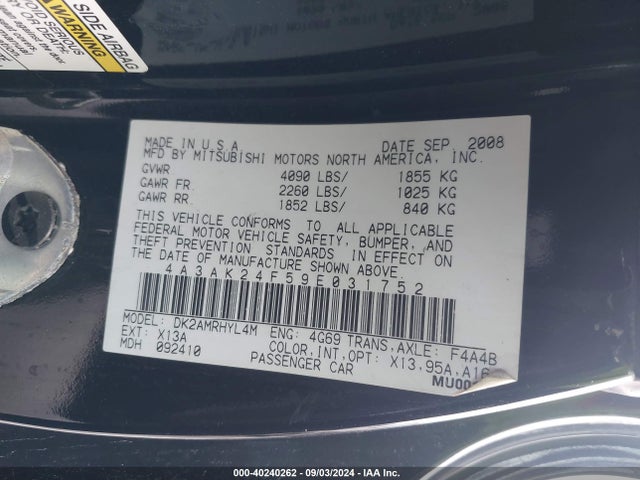 2009 MITSUBISHI ECLIPSE 4A3AK24F59E031752 Photo 8