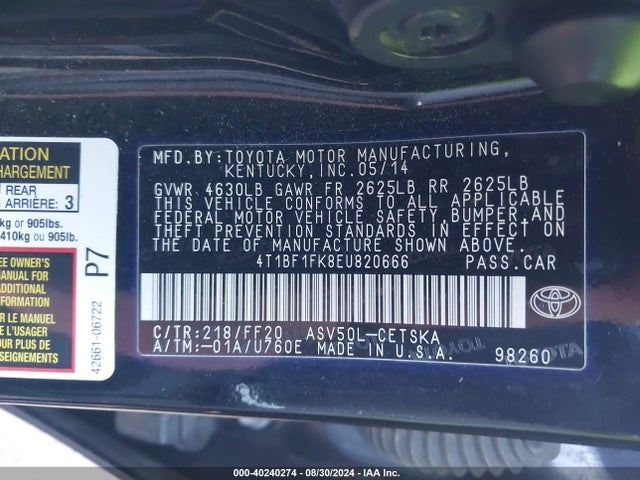 Toyota CAMRY SE 2014 4T1BF1FK8EU820666 Image 9