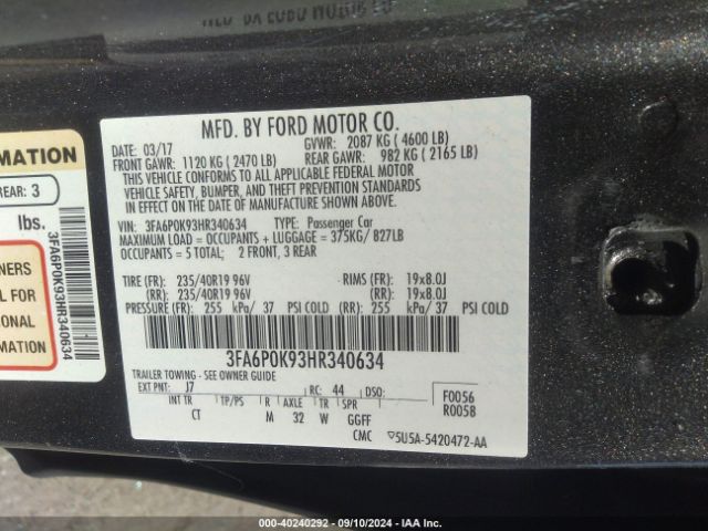3FA6P0K93HR340634 Ford Fusion Titanium