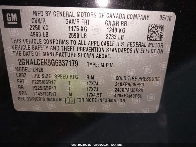 Chevrolet EQUINOX LT 2016 2GNALCEK5G6337179 Image 9