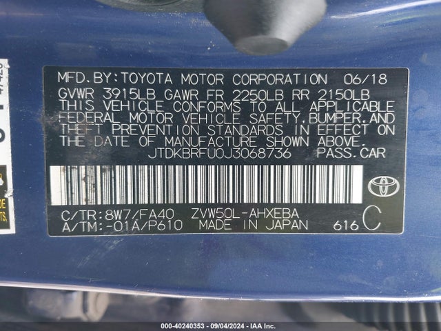 Toyota Prius Two 2018 JTDKBRFU0J3068736 Image 9
