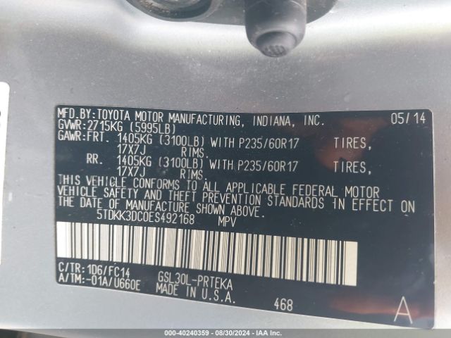 5TDKK3DC0ES492168 Toyota Sienna Le V6 8 Passenger