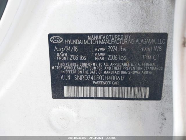 5NPD74LF0JH400617 Hyundai ELANTRA SE