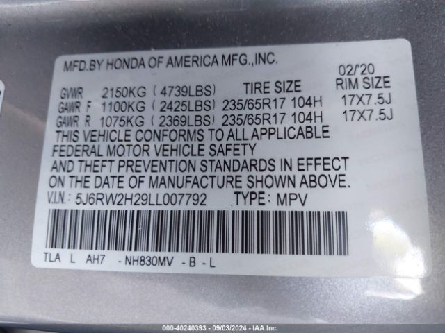 5J6RW2H29LL007792 Honda Cr-v Awd Lx