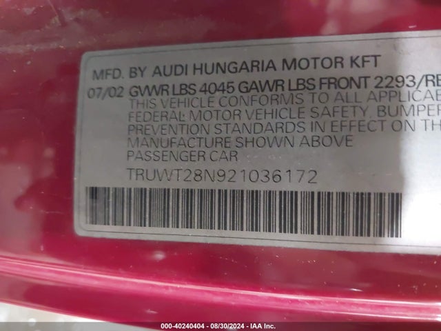 Aukcja sprzedaży 2002 Audi Tt 1.8l/alms Commemorative Edition, vin: TRUWT28N921036172, numer aukcji: 40240404