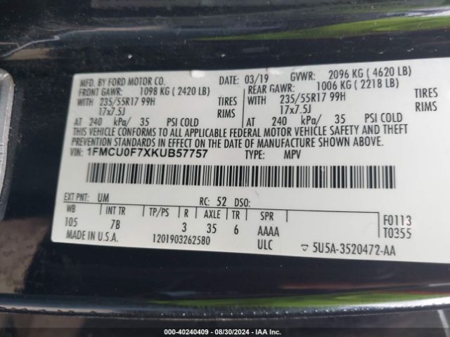 2019 FORD ESCAPE 1FMCU0F7XKUB57757 Photo 8