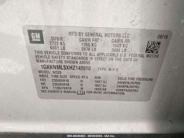 GMC Acadia Slt-1 2017 1GKKNMLSXHZ140910 Image 9