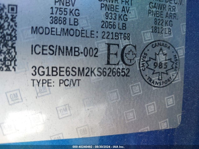 3G1BE6SM2KS626652 Chevrolet CRUZE LT