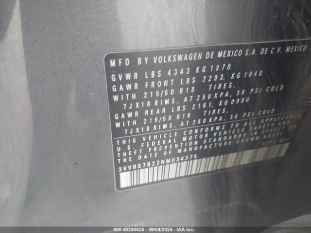 3VVRX7B22NM034375 Volkswagen Taos 1.5t Se