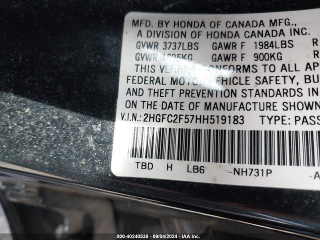 Honda Civic Lx 2017 2HGFC2F57HH519183 Image 9