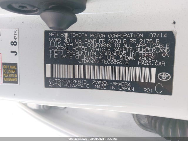 JTDKN3DU1E0389618 Toyota Prius Three