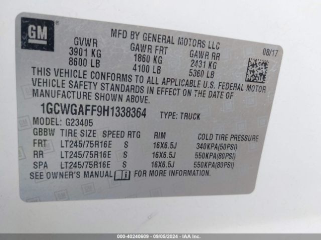 1GCWGAFF9H1338364 Chevrolet Express 2500 Work Van