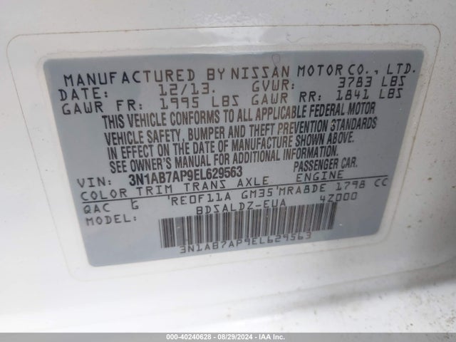 Nissan SENTRA SV 2014 3N1AB7AP9EL629563 Image 9