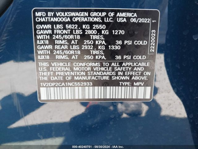 1V2DP2CA1NC552933 Volkswagen Atlas 2.0t Se