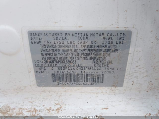 3N1CN7APXKL830383 Nissan Versa 1.6 S+