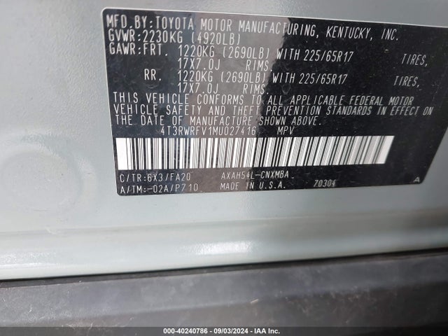 4T3RWRFV1MU027416 Toyota Rav4 Hybrid Xle