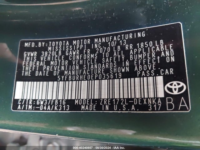 Toyota COROLLA LE 2014 5YFBURHE0EP035619 Image 9