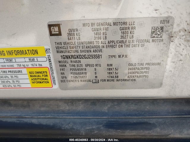 Chevrolet Traverse 1lt 2016 1GNKRGKD2GJ293581 Image 9