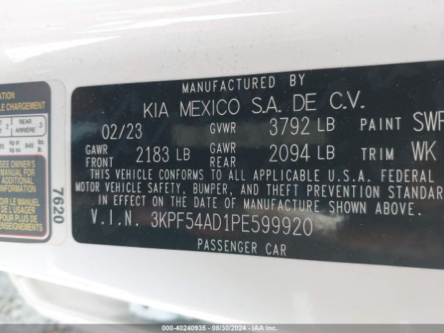 3KPF54AD1PE599920 KIA Forte Gt-line