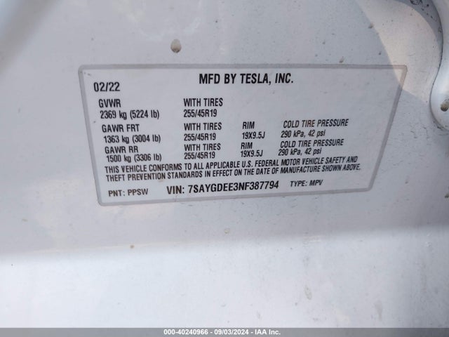 2022 TESLA MODEL Y 7SAYGDEE3NF387794 Photo 8
