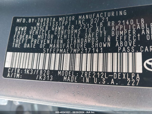 Toyota COROLLA LE 2021 5YFEPMAE7MP217141 Image 9