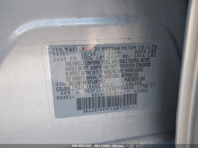 Nissan SENTRA SV 2015 3N1AB7APXFL687151 Image 9