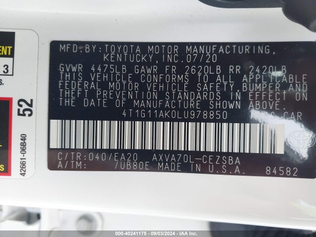 4T1G11AK0LU978850 Toyota CAMRY SE