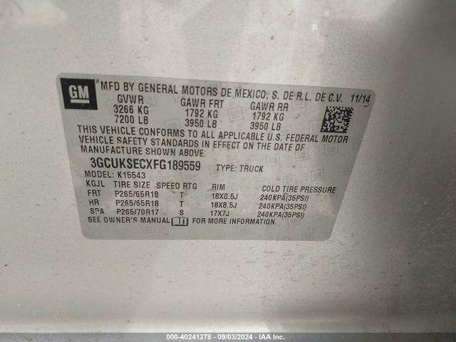 Chevrolet Silverado 1500 2lz 2015 3GCUKSECXFG189559 Image 9