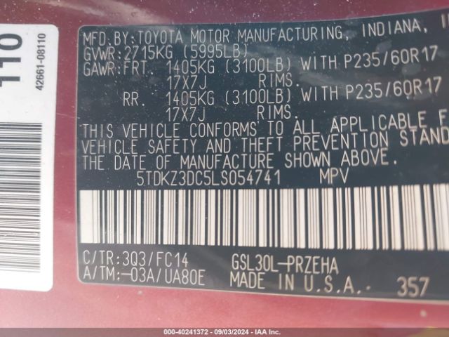 5TDKZ3DC5LS054741 Toyota SIENNA LE