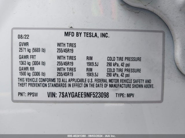 2022 TESLA MODEL Y 7SAYGAEE9NF523098 Photo 8
