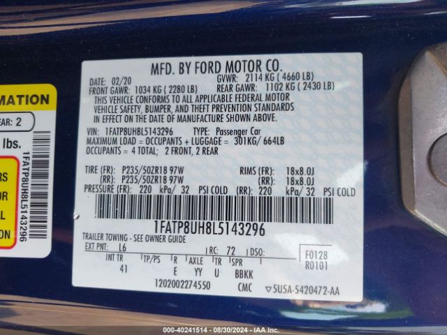 1FATP8UH8L5143296 Ford Mustang Ecoboost Premium