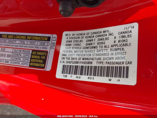 Honda CIVIC EX 2015 2HGFG3B81FH505898 Image 9