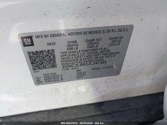 Chevrolet Trax Lt 2018 3GNCJLSB1JL347021 Image 9
