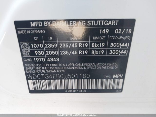 WDCTG4EB0JJ501180 Mercedes-Benz GLA 250